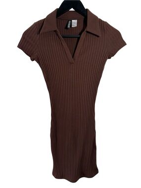 H&M Chocolate Brown Ribbed Polo Tunic Mini Dress